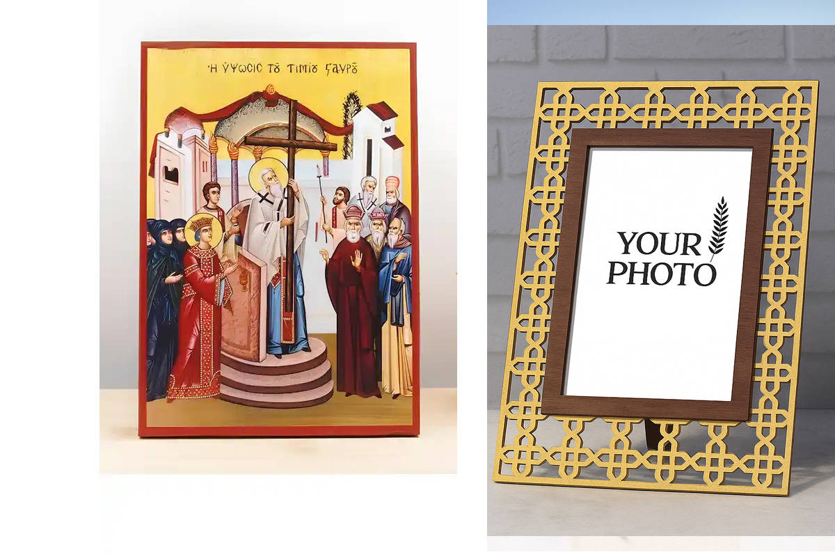 Εικόνα Ορθοδοξίας Πολυτελείας  με  σχεδιο Σταυρούς μαζι με  Βάση σε  8 χρώματα με περίγραμμα χρυσό σε ξύλο Plywood (Πλακάζ)   με  βάση Ύψωση Τιμίου Σταυρού, Ξύλινη Χειροποίητη Εικόνα Ελληνικής Premium Βυζαντινού Στυλ Κρεμαστή σε ξύλινη πλάκα Θρησκευτικό θ