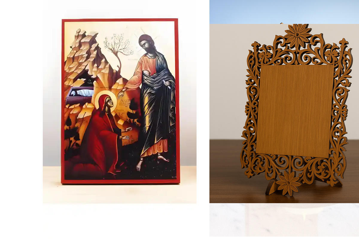 Εικόνα Ορθοδοξίας Δαντέλα μαζι με  Βάση σε  8 χρώματα με περίγραμμα χρυσό σε ξύλο Plywood (Πλακάζ)   με  βάση Ο Ιησούς Χριστός εμφανίζεται στη Μαρία Μαγδαληνή, Ξύλινη Χειροποίητη Εικόνα Ελληνικού Βυζαντινού Στυλ τοίχου Κρεμασμένη σε ξύλινη πλάκα Θρησκευτι