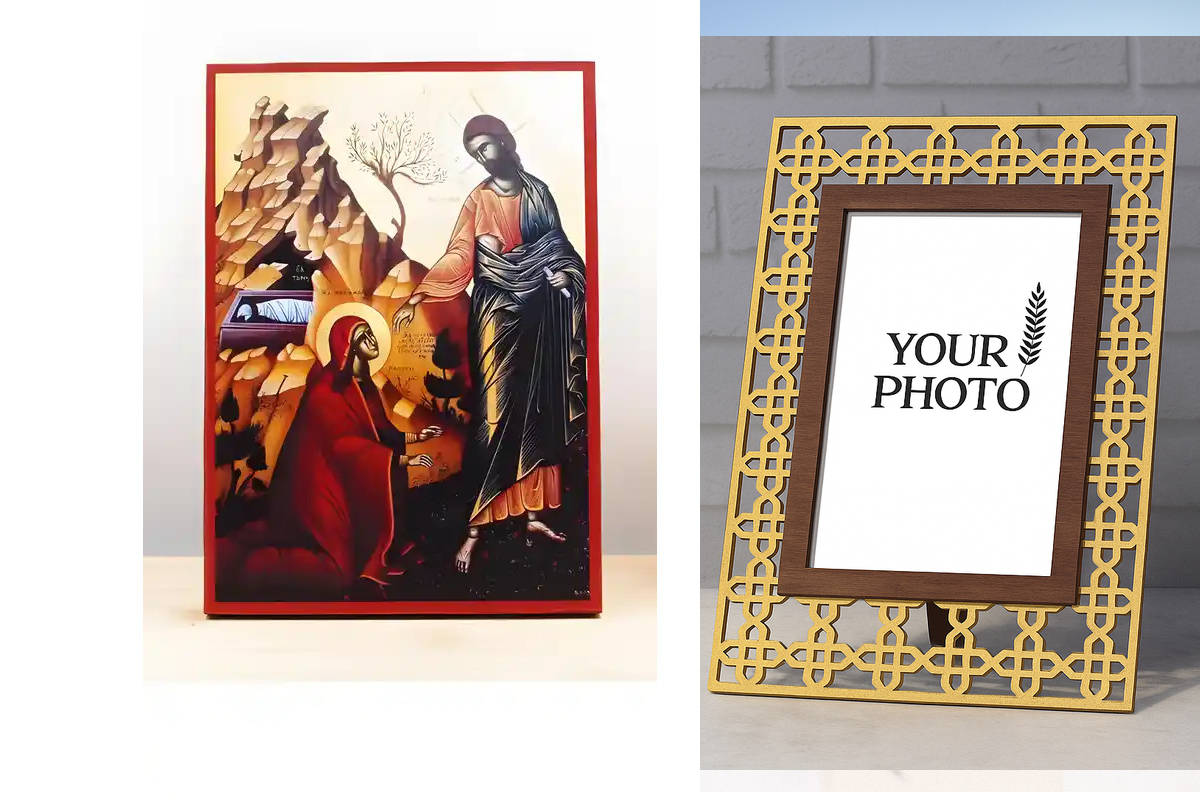 Εικόνα Ορθοδοξίας Πολυτελείας  με  σχεδιο Σταυρούς μαζι με  Βάση σε  8 χρώματα με περίγραμμα χρυσό σε ξύλο Plywood (Πλακάζ)   με  βάση Ο Ιησούς Χριστός εμφανίζεται στη Μαρία Μαγδαληνή, Ξύλινη Χειροποίητη Εικόνα Ελληνικού Βυζαντινού Στυλ τοίχου Κρεμασμένη