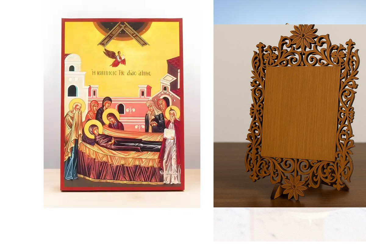 Εικόνα Ορθοδοξίας Δαντέλα μαζι με  Βάση σε  8 χρώματα με περίγραμμα χρυσό σε ξύλο Plywood (Πλακάζ)   με  βάση Η Κοίμηση της Τιμίου Αγίας Άννας, Ξύλινη Χειροποίητη Εικόνα Ελληνικού Βυζαντινού Στυλ Κρεμαστή σε Ξύλινη Πλάκα Θρησκευτικό Θέμα Χειροποίητη Ελλην