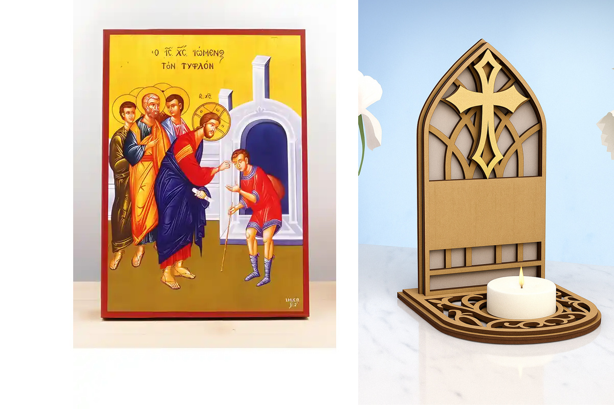 Εικόνα Ορθοδοξίας Καντηλάκι σε  8 χρώματα με περίγραμμα χρυσό σε ξύλο Plywood (Πλακάζ)   με  βάση Jesus Christ Healing The Born Blind Man, Ξύλινη Χειροποίητη Εικόνα Ελληνικού Premium Βυζαντινού Στυλ τοίχου που κρέμεται σε ξύλινη πλάκα Χειροποίητη Ελληνορθ