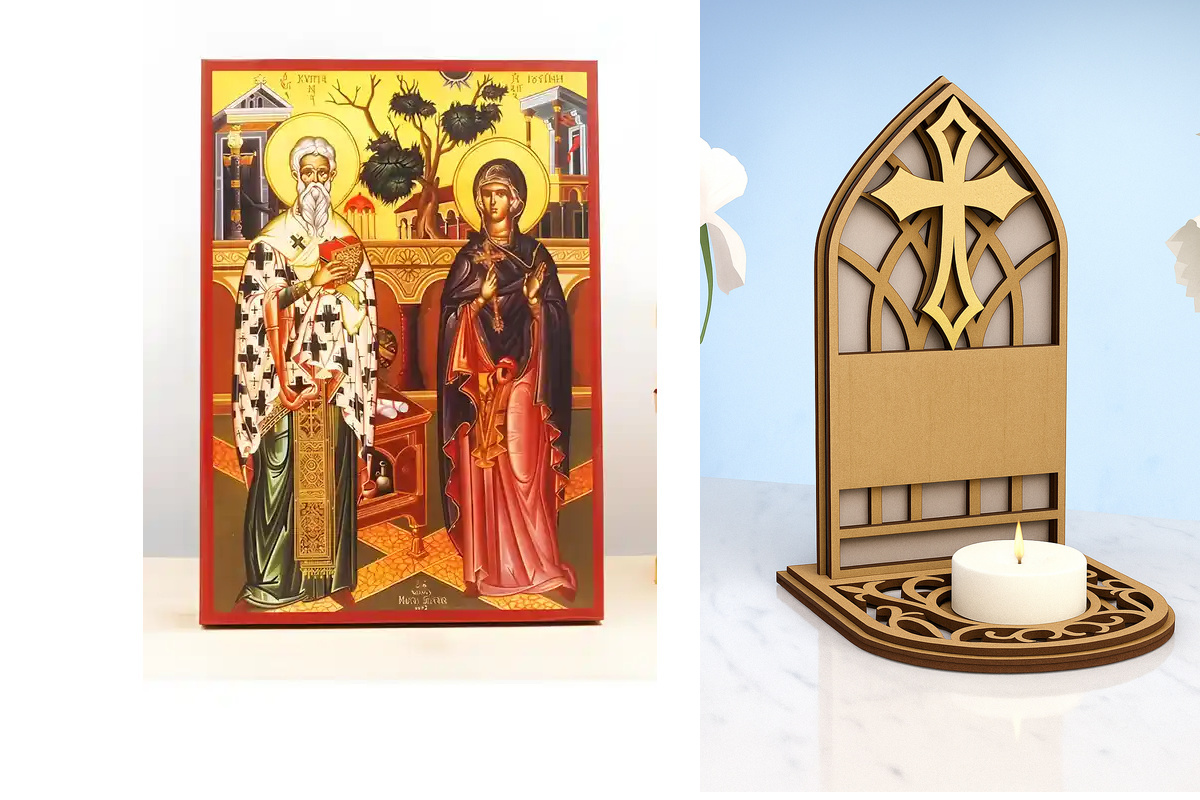Εικόνα Ορθοδοξίας Καντηλάκι σε  8 χρώματα με περίγραμμα χρυσό σε ξύλο Plywood (Πλακάζ)   με  βάση Άγιοι Κύπριος και Ιουστίνα, Ξύλινη Χειροποίητη Εικόνα Ελληνικού Premium Βυζαντινού Στυλ Κρεμαστή σε ξύλινη πλάκα Θρησκευτικό θέμα Χειροποίητη Ελληνορθόδοξη ε