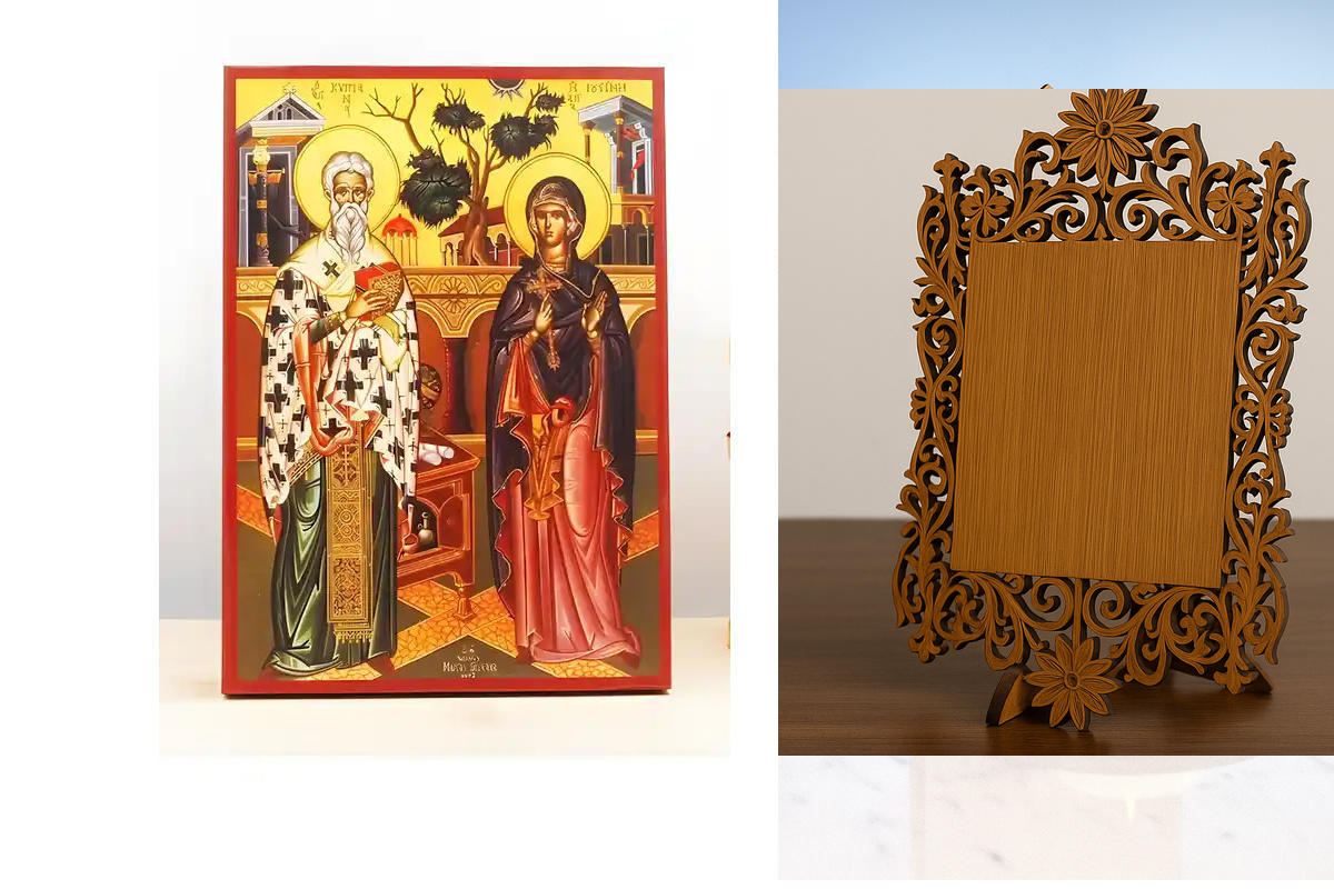 Σετ 2 τεμαχίων – Εικόνα Ορθοδοξίας Δαντέλα μαζι με  Βάση σε  8 χρώματα με περίγραμμα χρυσό σε ξύλο Plywood (Πλακάζ)   με  βάση Άγιοι Κύπριος και Ιουστίνα, Ξύλινη Χειροποίητη Εικόνα Ελληνικού Premium Βυζαντινού Στυλ Κρεμαστή σε ξύλινη πλάκα Θρησκευτικό θέμ