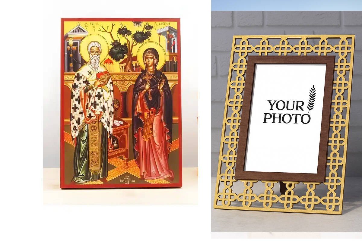 Εικόνα Ορθοδοξίας Πολυτελείας  με  σχεδιο Σταυρούς μαζι με  Βάση σε  8 χρώματα με περίγραμμα χρυσό σε ξύλο Plywood (Πλακάζ)   με  βάση Άγιοι Κύπριος και Ιουστίνα, Ξύλινη Χειροποίητη Εικόνα Ελληνικού Premium Βυζαντινού Στυλ Κρεμαστή σε ξύλινη πλάκα Θρησκευ