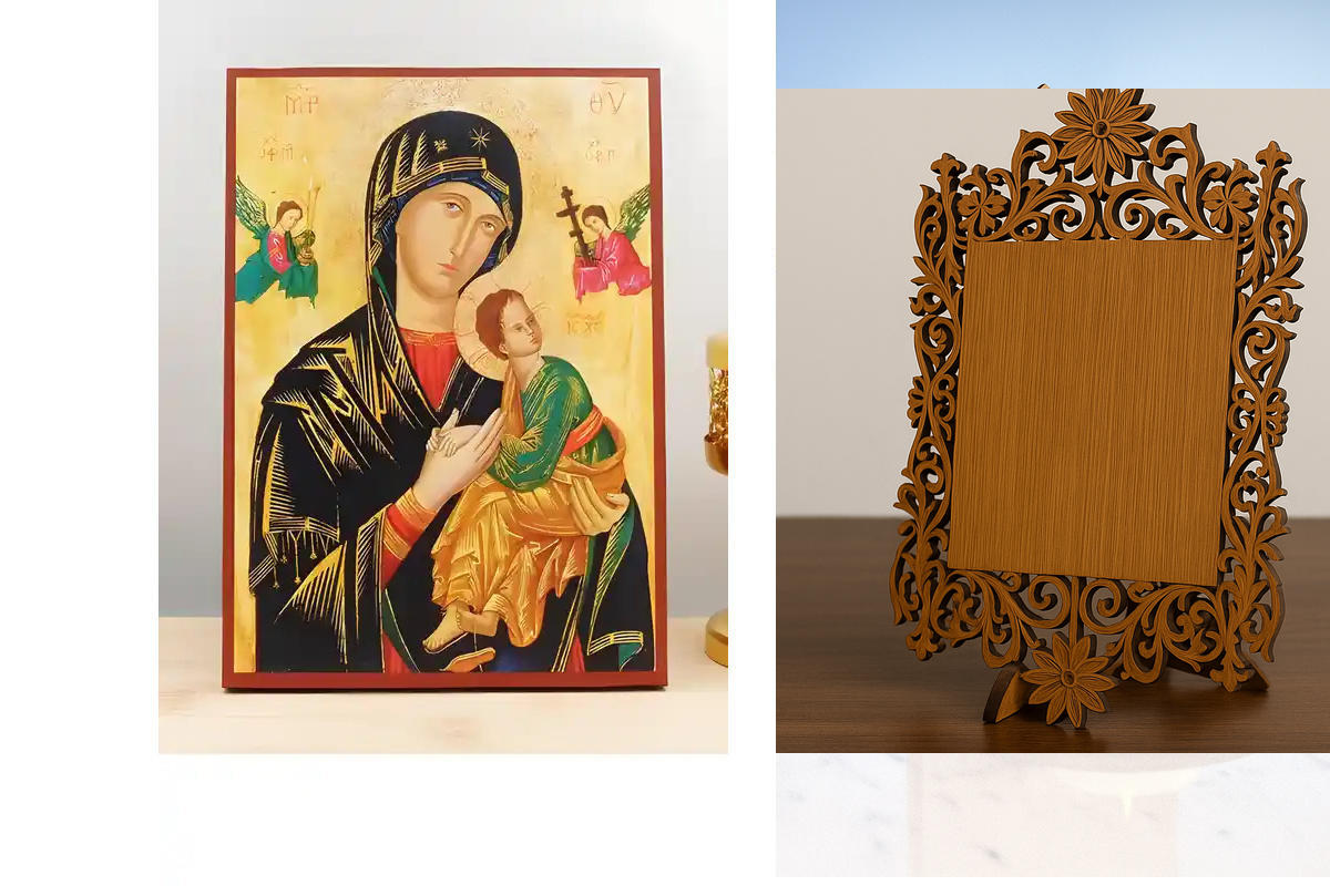 Εικόνα Ορθοδοξίας Δαντέλα μαζι με  Βάση σε  8 χρώματα με περίγραμμα χρυσό σε ξύλο Plywood (Πλακάζ)   με  βάση Παναγία της Αιώνιας Βοήθειας με τον Ιησού, Ξύλινη Χειροποίητη Εικόνα Ελληνικού Βυζαντινού Στυλ σε τοίχο Κρεμαστή σε Ξυλόπλακα Θρησκευτικό θέμα Χε