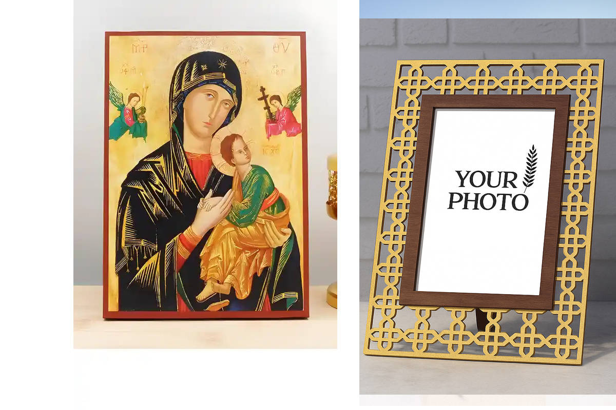 Εικόνα Ορθοδοξίας Πολυτελείας  με  σχεδιο Σταυρούς μαζι με  Βάση σε  8 χρώματα με περίγραμμα χρυσό σε ξύλο Plywood (Πλακάζ)   με  βάση Παναγία της Αιώνιας Βοήθειας με τον Ιησού, Ξύλινη Χειροποίητη Εικόνα Ελληνικού Βυζαντινού Στυλ σε τοίχο Κρεμαστή σε Ξυλό