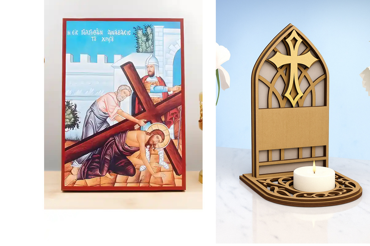 Εικόνα Ορθοδοξίας Καντηλάκι σε  8 χρώματα με περίγραμμα χρυσό σε ξύλο Plywood (Πλακάζ)   με  βάση Ο Ιησούς Χριστός Ανάληψη στον Γολγοθά, Ξύλινη Χειροποίητη Εικόνα Ελληνικού Premium Βυζαντινού Στυλ τοίχου Κρεμασμένη σε ξύλινη πλάκα Ορθόδοξο Θρησκευτικό Θέμ