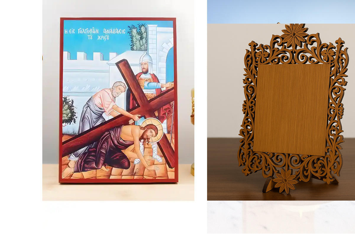 Εικόνα Ορθοδοξίας Δαντέλα μαζι με  Βάση σε  8 χρώματα με περίγραμμα χρυσό σε ξύλο Plywood (Πλακάζ)   με  βάση Ο Ιησούς Χριστός Ανάληψη στον Γολγοθά, Ξύλινη Χειροποίητη Εικόνα Ελληνικού Premium Βυζαντινού Στυλ τοίχου Κρεμασμένη σε ξύλινη πλάκα Ορθόδοξο Θρη