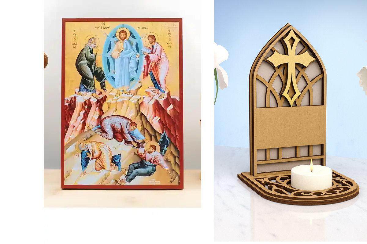 Εικόνα Ορθοδοξίας Καντηλάκι σε  8 χρώματα με περίγραμμα χρυσό σε ξύλο Plywood (Πλακάζ)   με  βάση Η Μεταμόρφωση «Μεταμόρφωση» του Ιησού Χριστού, Ξύλινη Χειροποίητη Εικόνα Ελληνικού Premium Βυζαντινού Στυλ Κρεμαστή σε Ξυλόπλακα Θρησκευτικό Χειροποίητη Ελλη