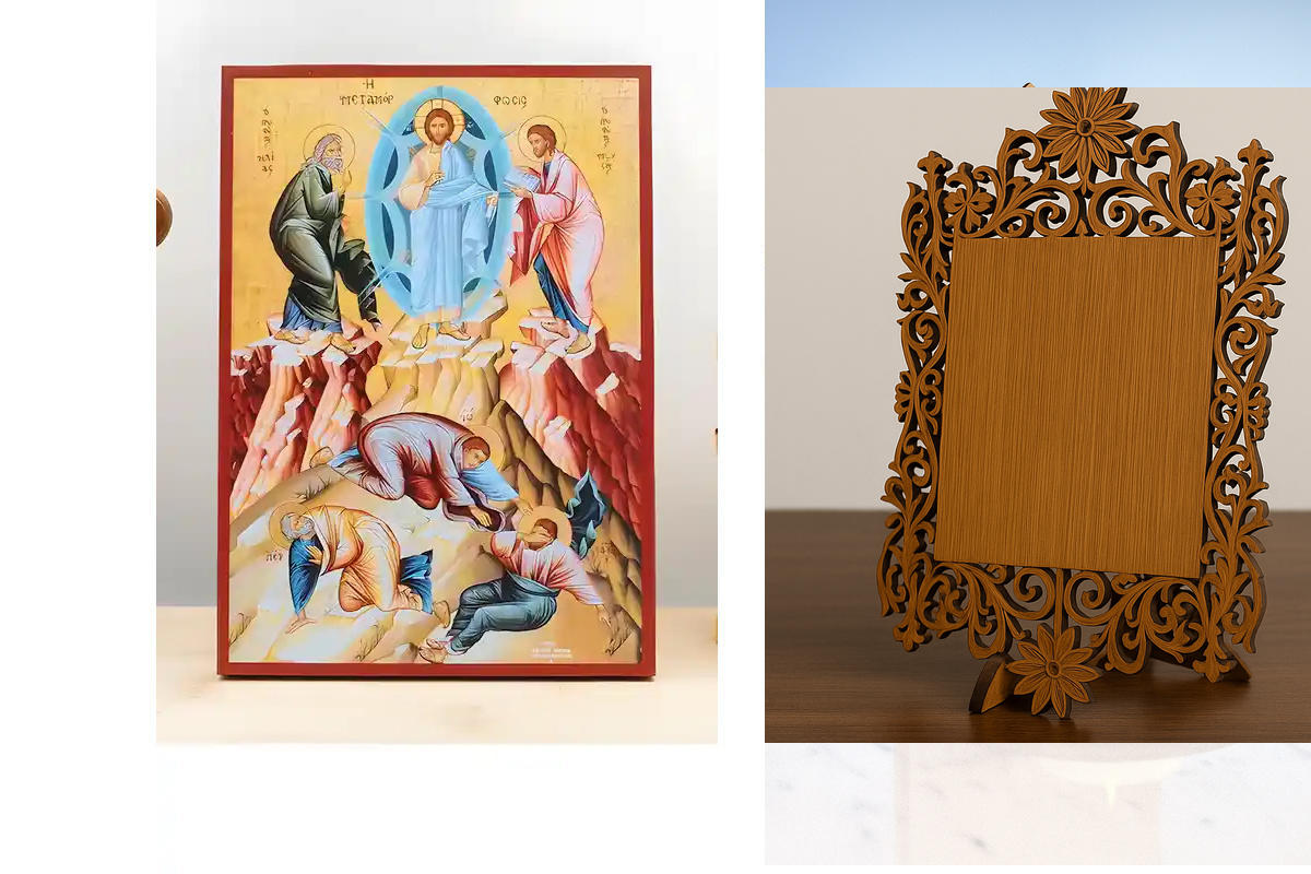 Σετ 2 τεμαχίων – Εικόνα Ορθοδοξίας Δαντέλα μαζι με  Βάση σε  8 χρώματα με περίγραμμα χρυσό σε ξύλο Plywood (Πλακάζ)   με  βάση Η Μεταμόρφωση «Μεταμόρφωση» του Ιησού Χριστού, Ξύλινη Χειροποίητη Εικόνα Ελληνικού Premium Βυζαντινού Στυλ Κρεμαστή σε Ξυλόπλακα