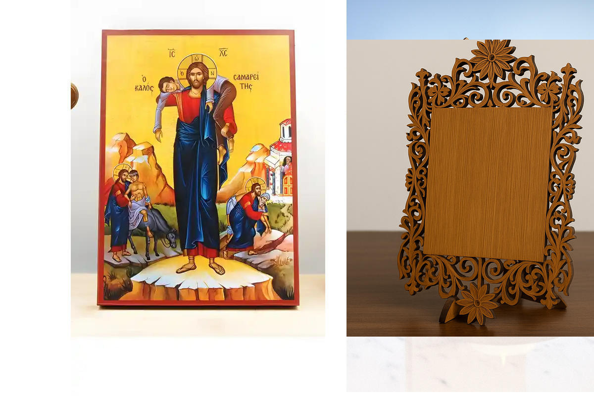 Εικόνα Ορθοδοξίας Δαντέλα μαζι με  Βάση σε  8 χρώματα με περίγραμμα χρυσό σε ξύλο Plywood (Πλακάζ)   με  βάση Παράσταση Ιησούς Χριστός ο Καλός Σαμαρείτης, Ξύλινη Χειροποίητη Εικόνα Ελληνικού Βυζαντινού Στυλ Κρεμαστή σε ξύλινη πλάκα Θρησκευτικό Χειροποίητη