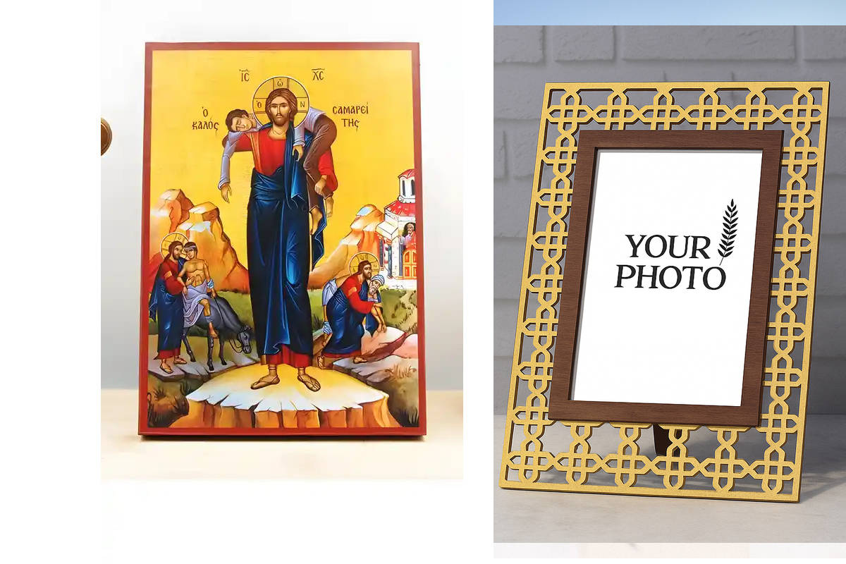 Εικόνα Ορθοδοξίας Πολυτελείας  με  σχεδιο Σταυρούς μαζι με  Βάση σε  8 χρώματα με περίγραμμα χρυσό σε ξύλο Plywood (Πλακάζ)   με  βάση Παράσταση Ιησούς Χριστός ο Καλός Σαμαρείτης, Ξύλινη Χειροποίητη Εικόνα Ελληνικού Βυζαντινού Στυλ Κρεμαστή σε ξύλινη πλάκ