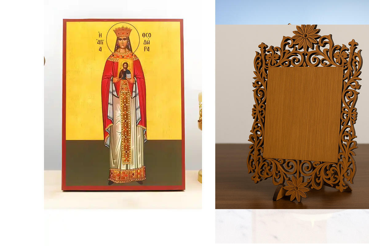 Εικόνα Ορθοδοξίας Δαντέλα μαζι με  Βάση σε  8 χρώματα με περίγραμμα χρυσό σε ξύλο Plywood (Πλακάζ)   με  βάση Αγία Θεοδώρα η Αυτοκράτειρα, Ξύλινη Χειροποίητη Εικόνα Ελληνικού Βυζαντινού Στυλ Κρεμαστή σε ξύλινη πλάκα Χειροποίητη Ελληνορθόδοξη εικόνα του Ιη