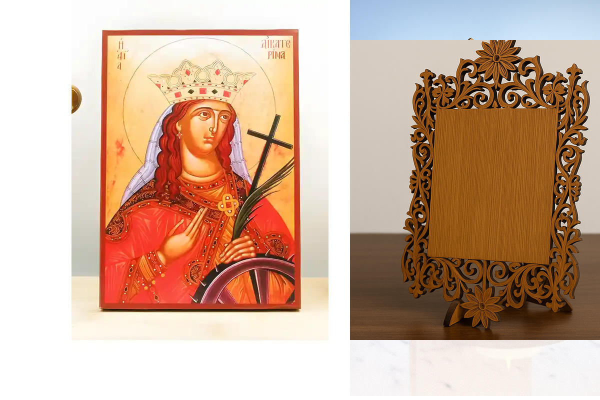 Εικόνα Ορθοδοξίας Δαντέλα μαζι με  Βάση σε  8 χρώματα με περίγραμμα χρυσό σε ξύλο Plywood (Πλακάζ)   με  βάση Αγία Αικατερίνη «Αικατερίνη» Αλεξάνδρειας, Ξύλινη Χειροποίητη Εικόνα Ελληνικού Βυζαντινού Στυλ Κρεμασμένη σε ξύλινη πλάκα Χειροποίητη Ελληνορθόδο