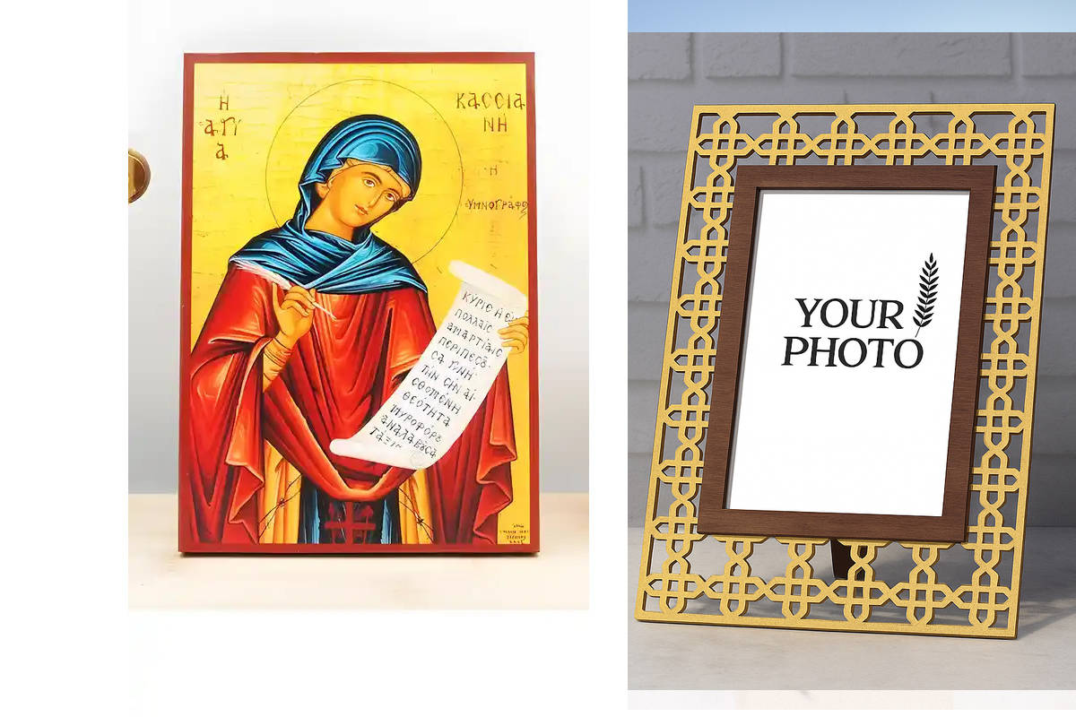 Εικόνα Ορθοδοξίας Πολυτελείας  με  σχεδιο Σταυρούς μαζι με  Βάση σε  8 χρώματα με περίγραμμα χρυσό σε ξύλο Plywood (Πλακάζ)   με  βάση Αγία Κασσία «Κασσιανή» η Υμνογράφος, Ξύλινη Χειροποίητη Εικόνα Ελληνικής Βυζαντινής Τεχνοτροπίας Κρεμασμένη σε ξύλινη πλ