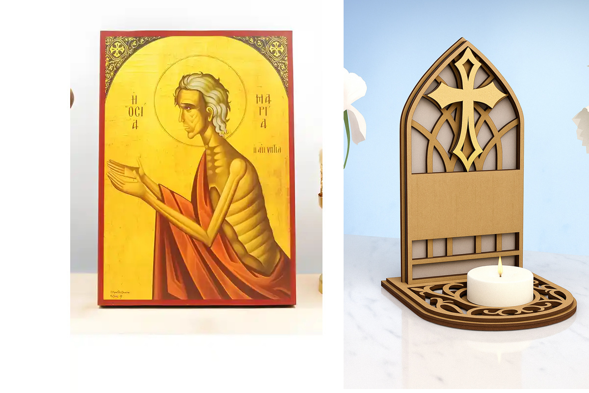 Εικόνα Ορθοδοξίας Καντηλάκι σε  8 χρώματα με περίγραμμα χρυσό σε ξύλο Plywood (Πλακάζ)   με  βάση Η Αγία Μαρία της Αιγύπτου η Ερήμου Μητέρα, Ξύλινη Χειροποίητη Εικόνα Ελληνικού Premium Βυζαντινού Στυλ Κρεμασμένη σε ξύλινη πλάκα Χειροποίητη Ελληνορθόδοξη ε
