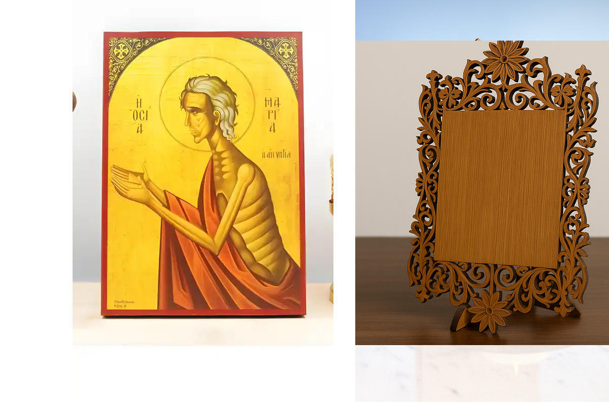 Εικόνα Ορθοδοξίας Δαντέλα μαζι με  Βάση σε  8 χρώματα με περίγραμμα χρυσό σε ξύλο Plywood (Πλακάζ)   με  βάση Η Αγία Μαρία της Αιγύπτου η Ερήμου Μητέρα, Ξύλινη Χειροποίητη Εικόνα Ελληνικού Premium Βυζαντινού Στυλ Κρεμασμένη σε ξύλινη πλάκα Χειροποίητη Ελλ