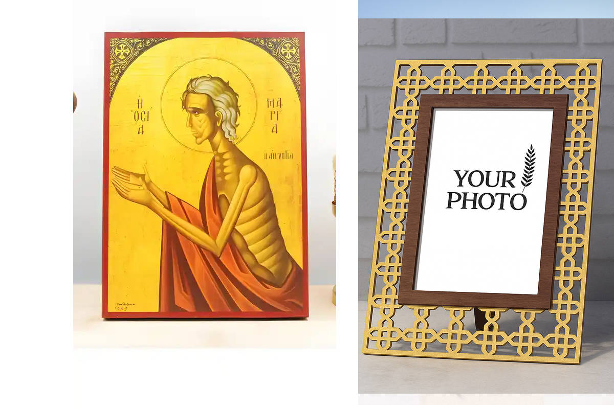 Εικόνα Ορθοδοξίας Πολυτελείας  με  σχεδιο Σταυρούς μαζι με  Βάση σε  8 χρώματα με περίγραμμα χρυσό σε ξύλο Plywood (Πλακάζ)   με  βάση Η Αγία Μαρία της Αιγύπτου η Ερήμου Μητέρα, Ξύλινη Χειροποίητη Εικόνα Ελληνικού Premium Βυζαντινού Στυλ Κρεμασμένη σε ξύλ