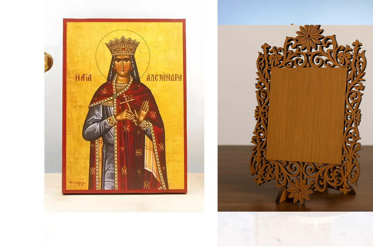Εικόνα Ορθοδοξίας Δαντέλα μαζι με  Βάση σε  8 χρώματα με περίγραμμα χρυσό σε ξύλο Plywood (Πλακάζ)   με  βάση Αγία Αλεξάνδρα της Ρώμης, Ξύλινη Χειροποίητη Εικόνα Ελληνικού Premium Βυζαντινού Στυλ Κρεμασμένο σε ξύλινη πλάκα Χειροποίητη Ελληνορθόδοξη εικόνα
