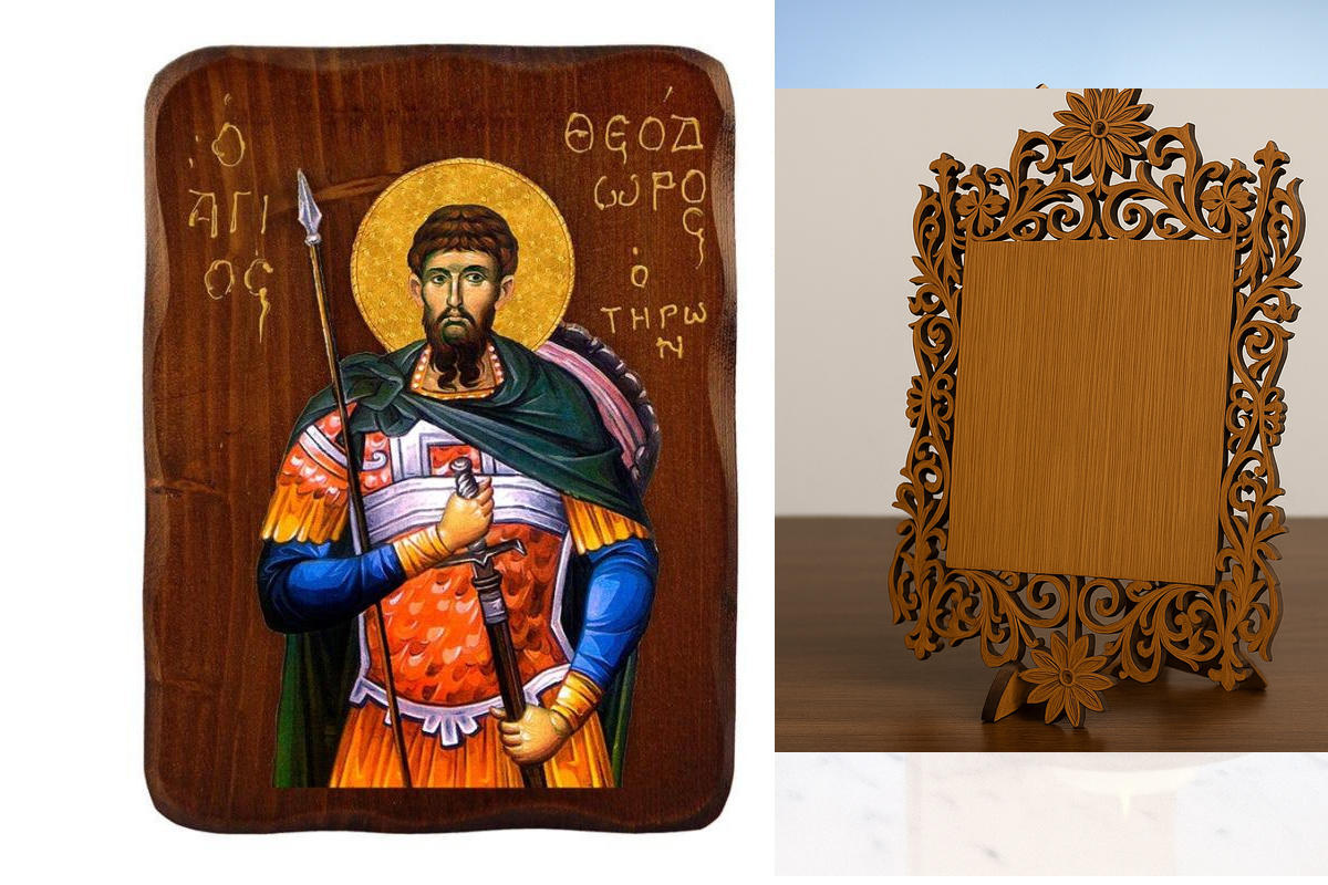 Εικόνα Ορθοδοξίας Δαντέλα μαζι με  Βάση σε  8 χρώματα με περίγραμμα χρυσό σε ξύλο Plywood (Πλακάζ)   με  βάση Εικόνα Αγίου Θεοδώρου Tyro, Χειροποίητη ελληνορθόδοξη εικόνα του Αγίου Θεοδώρου, επιτοίχια πλάκα βυζαντινής τέχνης, θρησκευτικό δώρο, χριστιανική