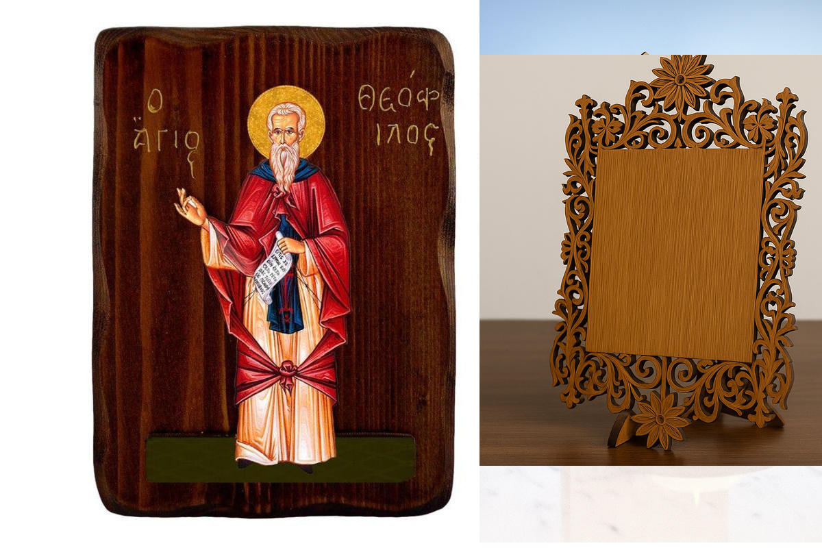 Εικόνα Ορθοδοξίας Δαντέλα μαζι με  Βάση σε  8 χρώματα με περίγραμμα χρυσό σε ξύλο Plywood (Πλακάζ)   με  βάση Εικόνα Αγίου Θεοφίλου, Χειροποίητη ελληνορθόδοξη εικόνα του Αγίου Θεοφίλου, επιτοίχια πλάκα βυζαντινής τέχνης, θρησκευτικό δώρο, χριστιανική διακ