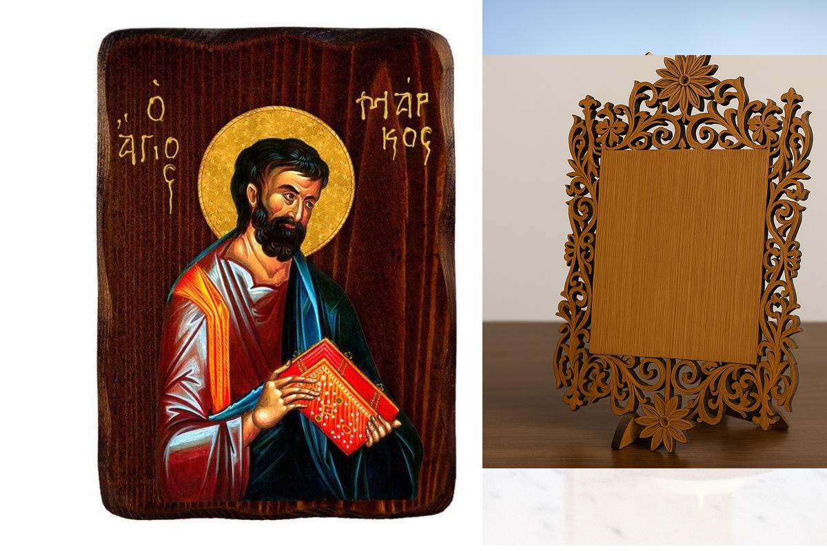 Εικόνα Ορθοδοξίας Δαντέλα μαζι με  Βάση σε  8 χρώματα με περίγραμμα χρυσό σε ξύλο Plywood (Πλακάζ)   με  βάση Εικόνα Αγίου Μάρκου του Αποστόλου, Χειροποίητη ελληνορθόδοξη εικόνα του Αγίου Μάρκου, επιτοίχια πλάκα βυζαντινής τέχνης, θρησκευτικό δώρο, χριστι