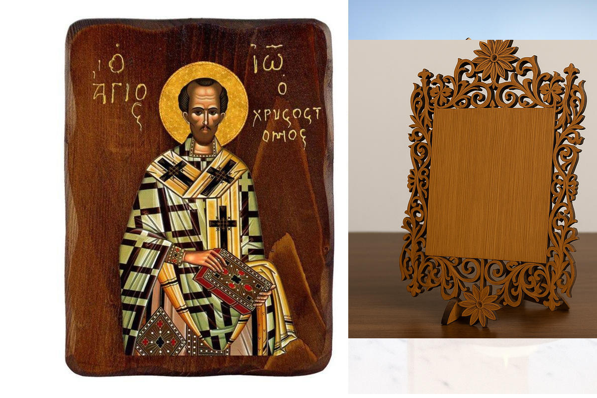 Σετ 2 τεμαχίων – Εικόνα Ορθοδοξίας Δαντέλα μαζι με  Βάση σε  8 χρώματα με περίγραμμα χρυσό σε ξύλο Plywood (Πλακάζ)   με  βάση Εικόνα Αγίου Ιωάννη του Χρυσοστόμου, Χειροποίητη Ελληνορθόδοξη εικόνα του Αγίου Ιωάννη, επιτοίχια πλάκα βυζαντινής τέχνης, θρησκ