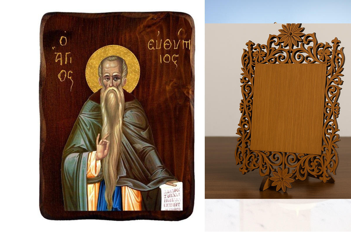 Εικόνα Ορθοδοξίας Δαντέλα μαζι με  Βάση σε  8 χρώματα με περίγραμμα χρυσό σε ξύλο Plywood (Πλακάζ)   με  βάση Εικόνα Αγίου Ευθυμίου, Χειροποίητη ελληνορθόδοξη εικόνα του Αγίου Ευθυμίου, επιτοίχια βυζαντινή τέχνη, θρησκευτικό δώρο, χριστιανική διακόσμηση Δ