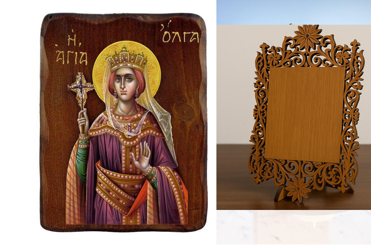 Εικόνα Ορθοδοξίας Δαντέλα μαζι με  Βάση σε  8 χρώματα με περίγραμμα χρυσό σε ξύλο Plywood (Πλακάζ)   με  βάση Εικόνα Αγίας Όλγας, Χειροποίητη ελληνορθόδοξη εικόνα της Αγίας Όλγας, επιτοίχια πλάκα βυζαντινής τέχνης, θρησκευτικό δώρο, χριστιανική διακόσμηση