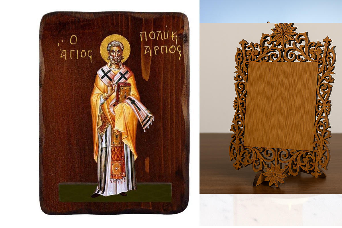 Εικόνα Ορθοδοξίας Δαντέλα μαζι με  Βάση σε  8 χρώματα με περίγραμμα χρυσό σε ξύλο Plywood (Πλακάζ)   με  βάση Εικόνα Αγίου Πολυκάρπου, Χειροποίητη ελληνορθόδοξη εικόνα του Αγίου Πολυκάρπου, επιτοίχια πλάκα βυζαντινής τέχνης, θρησκευτικό δώρο, χριστιανική