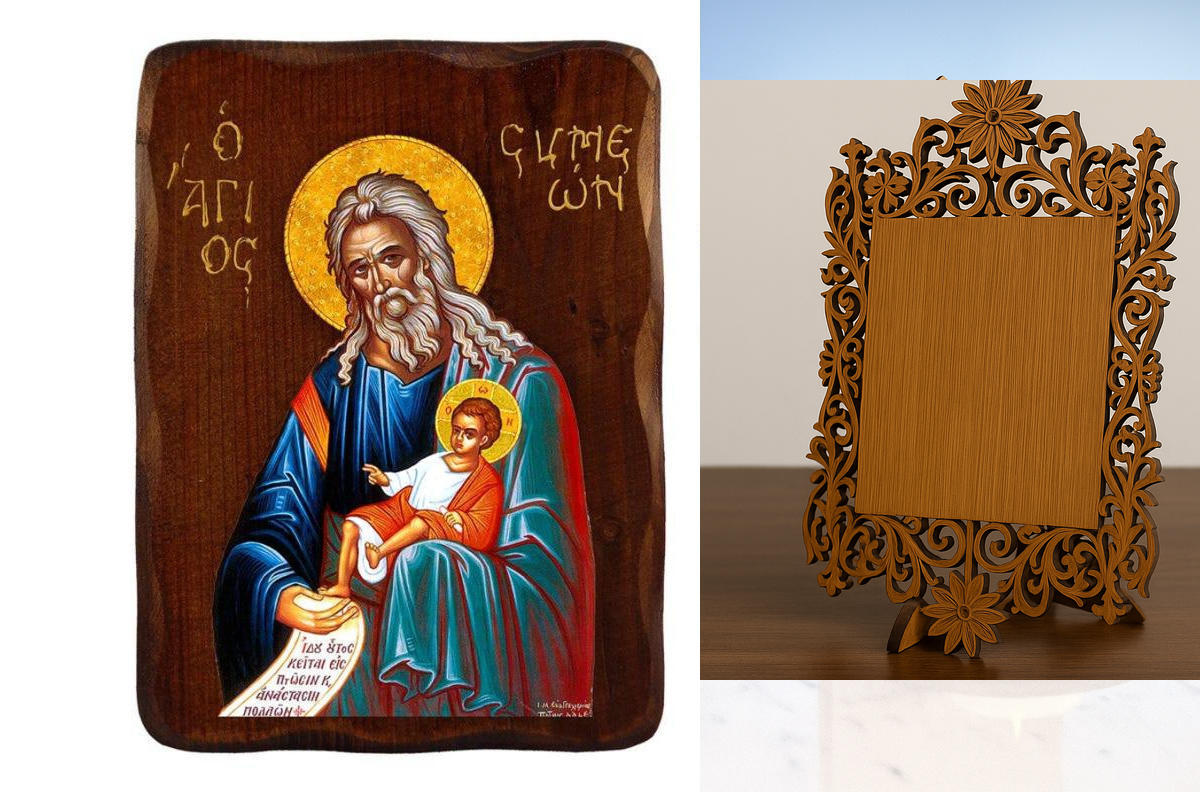 Σετ 2 τεμαχίων – Εικόνα Ορθοδοξίας Δαντέλα μαζι με  Βάση σε  8 χρώματα με περίγραμμα χρυσό σε ξύλο Plywood (Πλακάζ)   με  βάση Εικόνα του Αγίου Συμεών του Θεοδέκτη, Χειροποίητη Ελληνική εικόνα του Αγίου Συμεών, επιτοίχια πλάκα βυζαντινής τέχνης, θρησκευτι