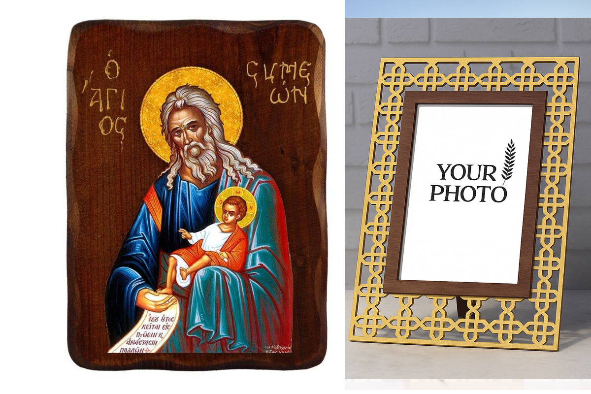 Σετ 2 τεμαχίων – Εικόνα Ορθοδοξίας Πολυτελείας  με  σχεδιο Σταυρούς μαζι με  Βάση σε  8 χρώματα με περίγραμμα χρυσό σε ξύλο Plywood (Πλακάζ)   με  βάση Εικόνα του Αγίου Συμεών του Θεοδέκτη, Χειροποίητη Ελληνική εικόνα του Αγίου Συμεών, επιτοίχια πλάκα βυζ