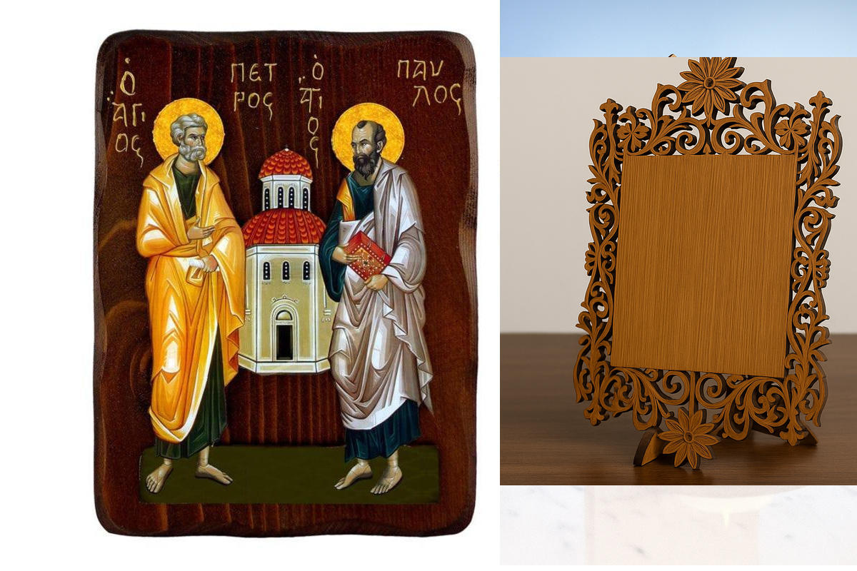 Εικόνα Ορθοδοξίας Δαντέλα μαζι με  Βάση σε  8 χρώματα με περίγραμμα χρυσό σε ξύλο Plywood (Πλακάζ)   με  βάση Εικόνα Αγίων Πέτρου και Παύλου, Χειροποίητη ελληνική εικόνα των Αγίων Πέτρου και Παύλου, επιτοίχια βυζαντινή τέχνη, θρησκευτικό δώρο, χριστιανική
