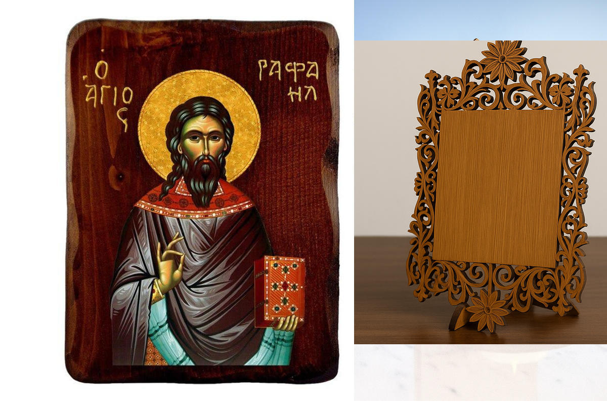 Εικόνα Ορθοδοξίας Δαντέλα μαζι με  Βάση σε  8 χρώματα με περίγραμμα χρυσό σε ξύλο Plywood (Πλακάζ)   με  βάση Εικόνα Αγίου Ραφαήλ, Χειροποίητη ελληνορθόδοξη εικόνα του Αγίου Νικολάου, επιτοίχια πλάκα βυζαντινής τέχνης, θρησκευτικό δώρο, χριστιανική διακόσ