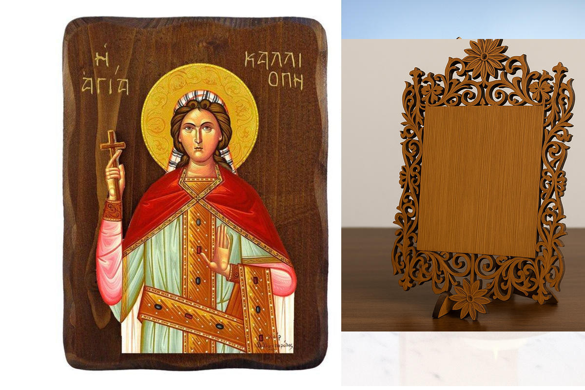 Εικόνα Ορθοδοξίας Δαντέλα μαζι με  Βάση σε  8 χρώματα με περίγραμμα χρυσό σε ξύλο Plywood (Πλακάζ)   με  βάση Εικόνα Αγίας Καλλιόπης, Χειροποίητη ελληνορθόδοξη εικόνα της Αγίας Καλλιόπης, επιτοίχια πλάκα βυζαντινής τέχνης, θρησκευτικό δώρο, χριστιανική δι