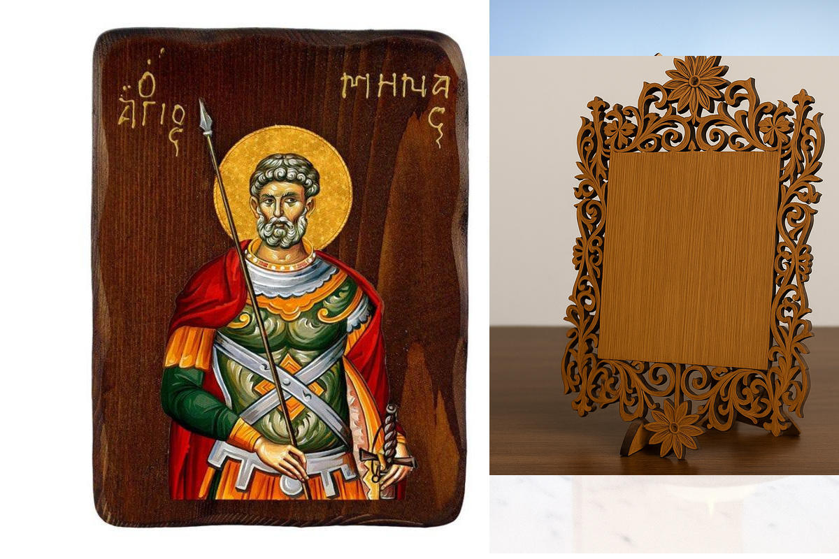 Εικόνα Ορθοδοξίας Δαντέλα μαζι με  Βάση σε  8 χρώματα με περίγραμμα χρυσό σε ξύλο Plywood (Πλακάζ)   με  βάση Εικόνα Αγίου Μηνά, Χειροποίητη ελληνορθόδοξη εικόνα του Αγίου Μηνά, επιτοίχια πλάκα βυζαντινής τέχνης, θρησκευτικό δώρο, χριστιανική διακόσμηση Δ