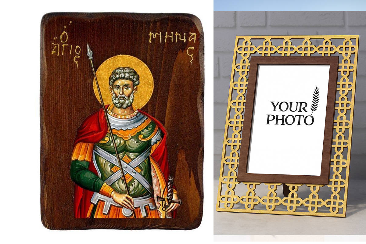 Εικόνα Ορθοδοξίας Πολυτελείας  με  σχεδιο Σταυρούς μαζι με  Βάση σε  8 χρώματα με περίγραμμα χρυσό σε ξύλο Plywood (Πλακάζ)   με  βάση Εικόνα Αγίου Μηνά, Χειροποίητη ελληνορθόδοξη εικόνα του Αγίου Μηνά, επιτοίχια πλάκα βυζαντινής τέχνης, θρησκευτικό δώρο,