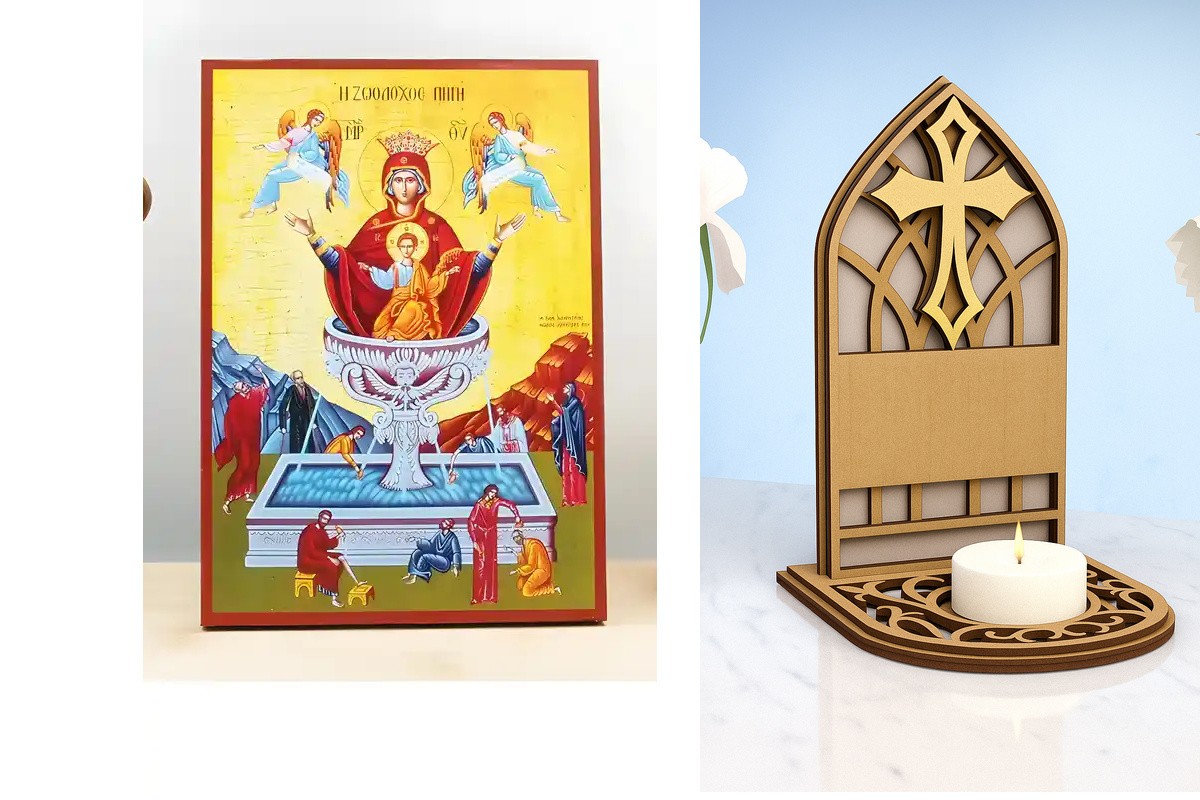 Σετ 2 τεμαχίων – Εικόνα Ορθοδοξίας Καντηλάκι σε  8 χρώματα με περίγραμμα χρυσό σε ξύλο Plywood (Πλακάζ)   με  βάση Παναγία η Ζωοδόχος Πηγή με Jesus Beige, Ξύλινη Χειροποίητη Εικόνα Ελληνικού Premium Βυζαντινού Στυλ τοίχου Κρεμασμένη σε Ξυλόπλακα Religious