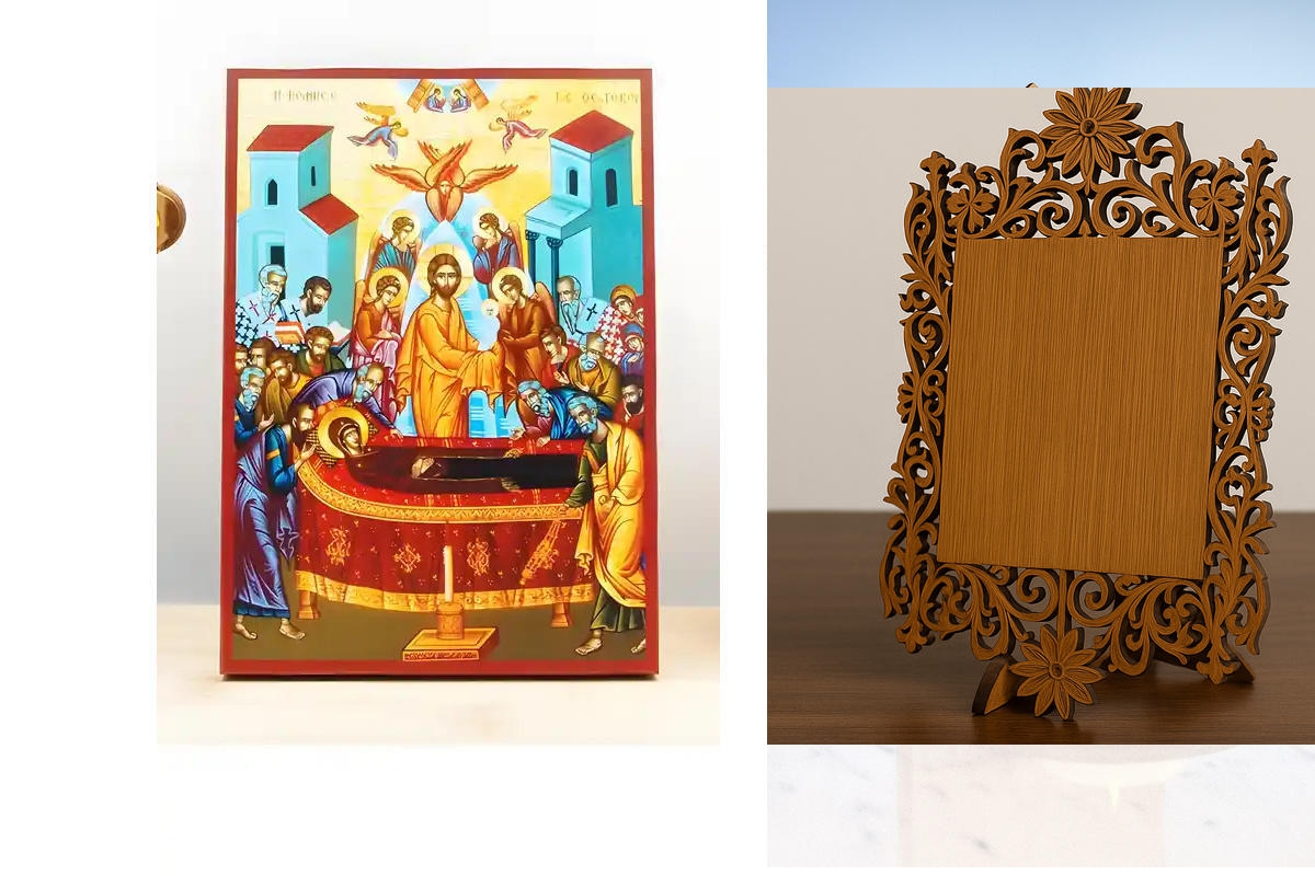 Εικόνα Ορθοδοξίας Δαντέλα μαζι με  Βάση σε  8 χρώματα με περίγραμμα χρυσό σε ξύλο Plywood (Πλακάζ)   με  βάση Η Κοίμηση της Θεοτόκου με τον Ιησού, Ξύλινη Χειροποίητη Εικόνα Ελληνικού Premium Βυζαντινού Στυλ Κρεμασμένο σε ξύλινη πλάκα Θρησκευτικό θέμα Χειρ