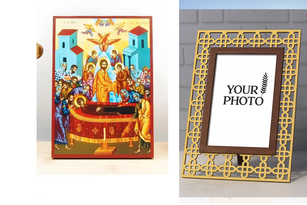 Εικόνα Ορθοδοξίας Πολυτελείας  με  σχεδιο Σταυρούς μαζι με  Βάση σε  8 χρώματα με περίγραμμα χρυσό σε ξύλο Plywood (Πλακάζ)   με  βάση Η Κοίμηση της Θεοτόκου με τον Ιησού, Ξύλινη Χειροποίητη Εικόνα Ελληνικού Premium Βυζαντινού Στυλ Κρεμασμένο σε ξύλινη πλ