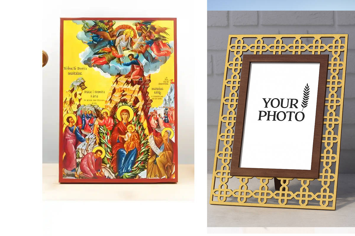 Σετ 2 τεμαχίων – Εικόνα Ορθοδοξίας Πολυτελείας  με  σχεδιο Σταυρούς μαζι με  Βάση σε  8 χρώματα με περίγραμμα χρυσό σε ξύλο Plywood (Πλακάζ)   με  βάση Παναγία της Φλεγόμενης Θάμνου, Ξύλινη Χειροποίητη Εικόνα Ελληνικού Βυζαντινού Στυλ τοίχου Κρεμασμένη σε