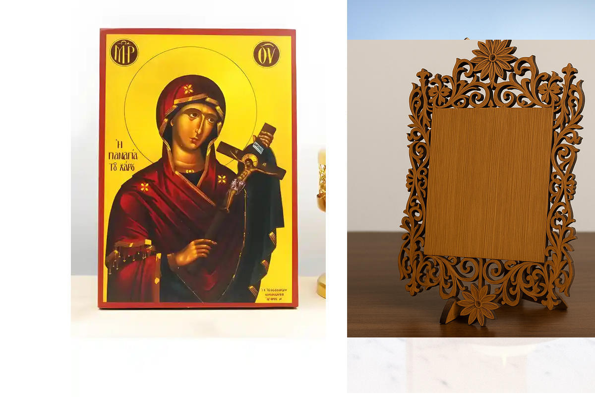 Εικόνα Ορθοδοξίας Δαντέλα μαζι με  Βάση σε  8 χρώματα με περίγραμμα χρυσό σε ξύλο Plywood (Πλακάζ)   με  βάση Παναγία του Χάρου με τον Ιησού Εσταυρωμένο, Ξύλινη Χειροποίητη Εικόνα Ελληνικού Premium Βυζαντινού Στυλ τοίχου Κρεμασμένη σε ξύλινη πλάκα Θρησκευ