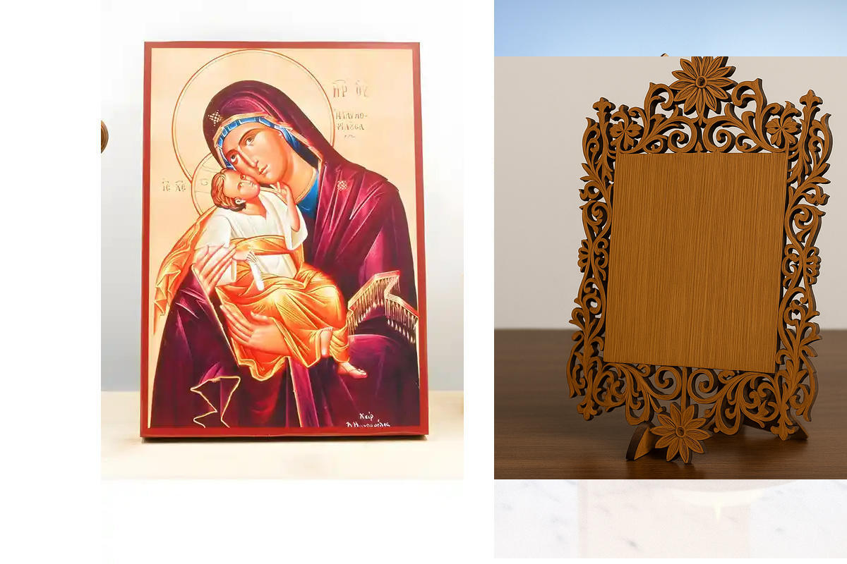 Σετ 2 τεμαχίων – Εικόνα Ορθοδοξίας Δαντέλα μαζι με  Βάση σε  8 χρώματα με περίγραμμα χρυσό σε ξύλο Plywood (Πλακάζ)   με  βάση Παναγία Γλυκοφιλούσα «Γλυκοφιλούσα» με τον Ιησού, Ξύλινη Χειροποίητη Εικόνα Ελληνικής Premium Βυζαντινού Στυλ Κρεμασμένη σε ξύλι