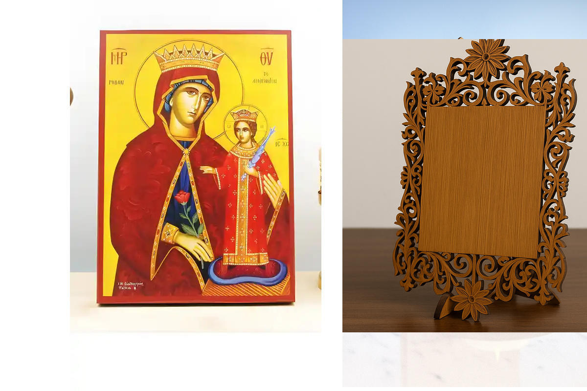 Εικόνα Ορθοδοξίας Δαντέλα μαζι με  Βάση σε  8 χρώματα με περίγραμμα χρυσό σε ξύλο Plywood (Πλακάζ)   με  βάση Η Παναγία η Αμάρανθος Τριαντάφυλλο με τον Ιησού, Ξύλινη Χειροποίητη Εικόνα Ελληνικού Premium Βυζαντινού Στυλ τοίχου Κρεμασμένη σε Ξύλινη Πλάκα Θρ