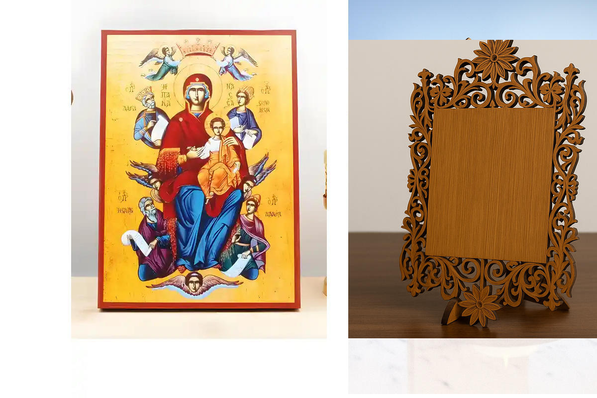 Εικόνα Ορθοδοξίας Δαντέλα μαζι με  Βάση σε  8 χρώματα με περίγραμμα χρυσό σε ξύλο Plywood (Πλακάζ)   με  βάση Παναγία Ένθρονη Βασίλισσα του Σύμπαντος «Παντάνασα» με τον Ιησού, Ξύλινη Χειροποίητη Εικόνα Ελληνικής Βυζαντινής Στυλ Κρεμάστρα Χειροποίητη Ελλην