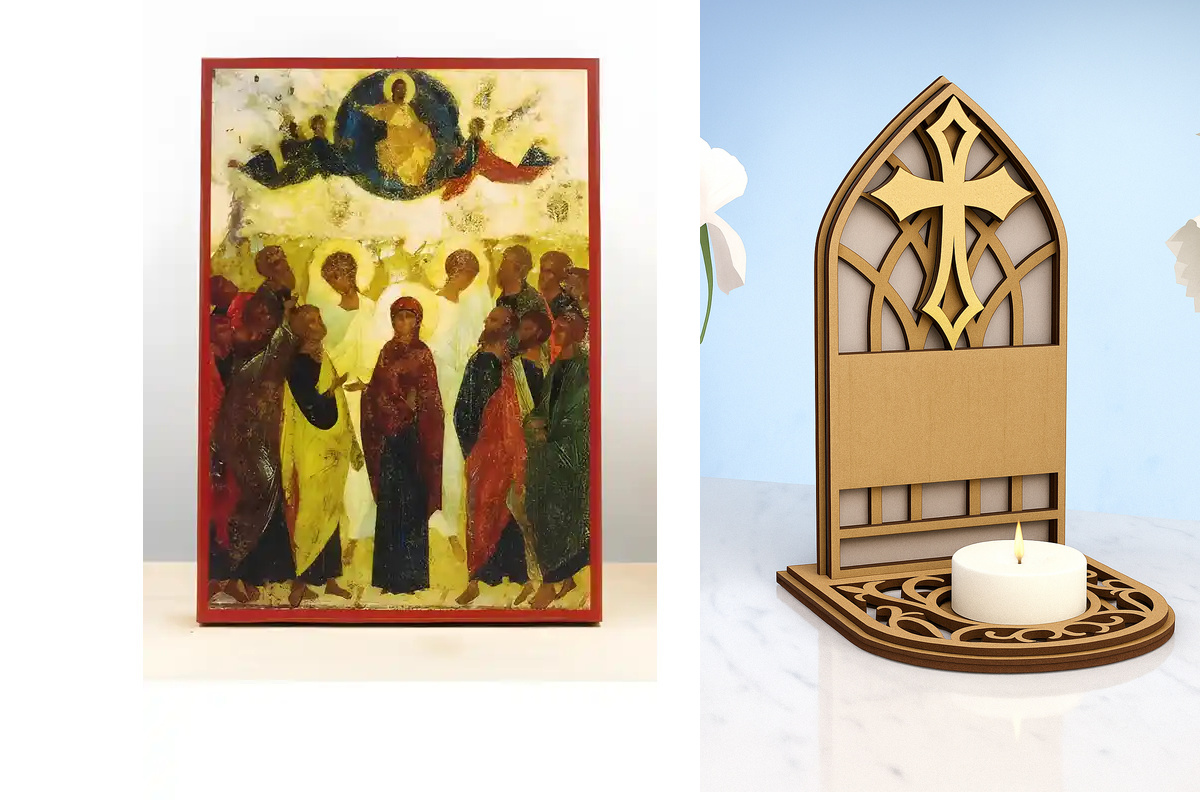 Εικόνα Ορθοδοξίας Καντηλάκι σε  8 χρώματα με περίγραμμα χρυσό σε ξύλο Plywood (Πλακάζ)   με  βάση Η Ανάληψη του Ιησού Χριστού στους Ουρανούς Παλιό Στυλ, Ξύλινη Χειροποίητη Εικόνα Ελληνικού Premium Βυζαντινού Στυλ Κρεμασμένο σε ξύλινη πλάκα Θρησκευτικό Χει