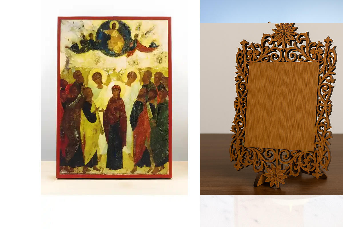 Εικόνα Ορθοδοξίας Δαντέλα μαζι με  Βάση σε  8 χρώματα με περίγραμμα χρυσό σε ξύλο Plywood (Πλακάζ)   με  βάση Η Ανάληψη του Ιησού Χριστού στους Ουρανούς Παλιό Στυλ, Ξύλινη Χειροποίητη Εικόνα Ελληνικού Premium Βυζαντινού Στυλ Κρεμασμένο σε ξύλινη πλάκα Θρη