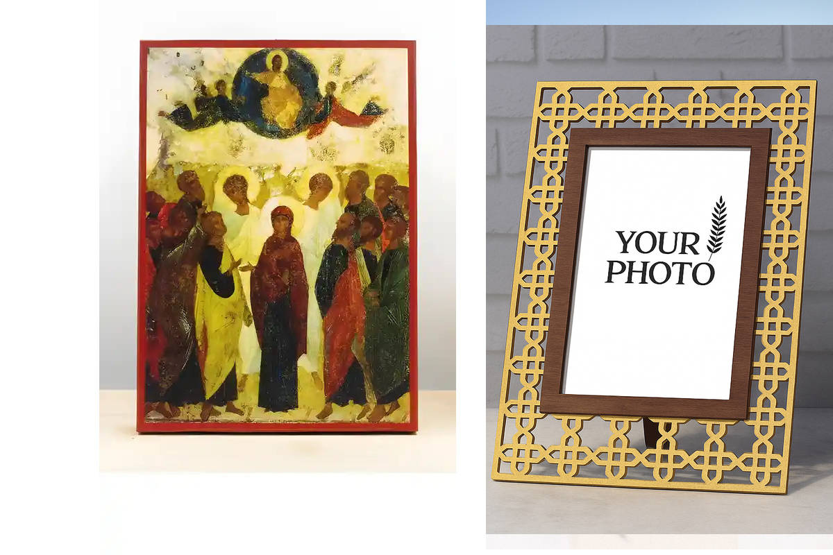 Εικόνα Ορθοδοξίας Πολυτελείας  με  σχεδιο Σταυρούς μαζι με  Βάση σε  8 χρώματα με περίγραμμα χρυσό σε ξύλο Plywood (Πλακάζ)   με  βάση Η Ανάληψη του Ιησού Χριστού στους Ουρανούς Παλιό Στυλ, Ξύλινη Χειροποίητη Εικόνα Ελληνικού Premium Βυζαντινού Στυλ Κρεμα