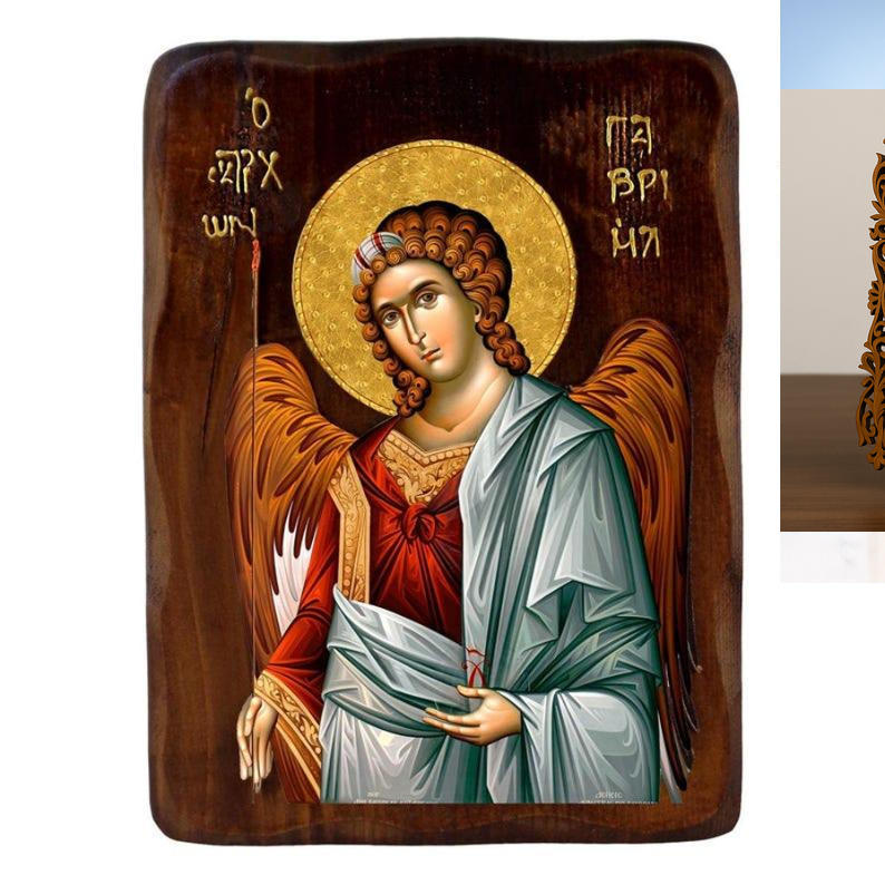 Εικόνα Ορθοδοξίας Δαντέλα μαζι με  Βάση σε  8 χρώματα με περίγραμμα χρυσό σε ξύλο Plywood (Πλακάζ)   με  βάση Εικόνα Αρχαγγέλου Γαβριήλ, Χειροποίητη ελληνική εικόνα του Αρχαγγέλου Γαβριήλ, επιτοίχια πλάκα βυζαντινής τέχνης, θρησκευτικό δώρο, χριστιανική δ