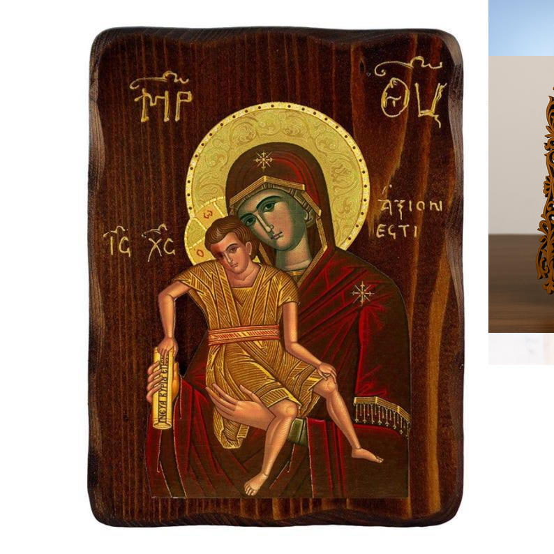 Εικόνα Ορθοδοξίας Δαντέλα μαζι με  Βάση σε  8 χρώματα με περίγραμμα χρυσό σε ξύλο Plywood (Πλακάζ)   με  βάση Εικόνα Παναγίας Άξιον Εστίν, Χειροποίητη Ελληνική εικόνα Παναγίας Άξιον Εστίν, επιτοίχια πλάκα βυζαντινής τέχνης, θρησκευτικό δώρο, χριστιανική δ